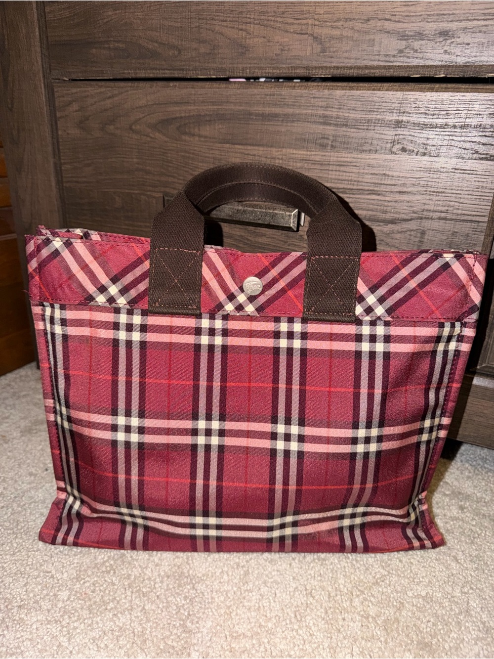 Burberry blue label Red Plaid Tote Bag with Brown Handles